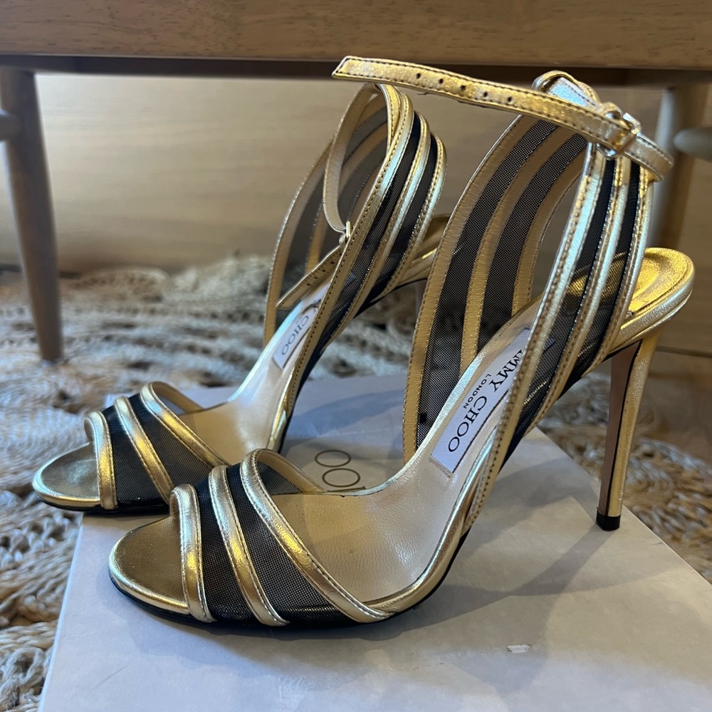 JIMMY CHOO Gold & Black Mesh Strappy Heel